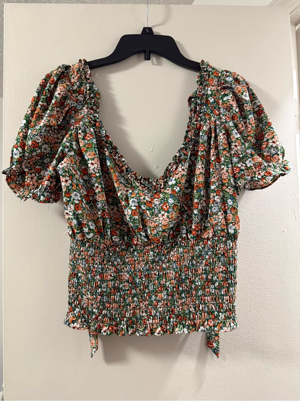 Milk & Honey Floral Smocked Puff-Sleeve Top - Green/Orange